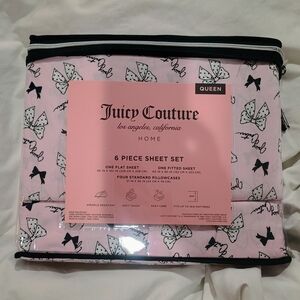 New Juicy Couture Pink/ Black Bow 6-Piece Sheet Set - Queen